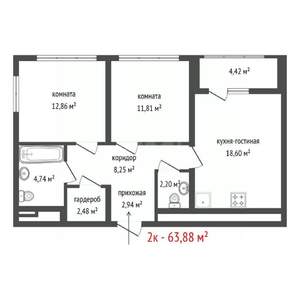 2-к квартира, вторичка, 64м2, 4/17 этаж