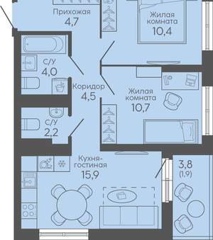 2-к квартира, вторичка, 55м2, 9/16 этаж