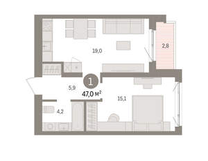 1-к квартира, вторичка, 47м2, 2/15 этаж