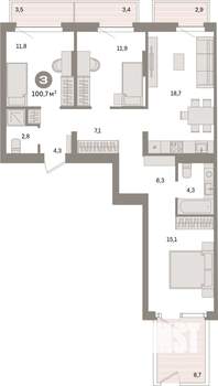 3-к квартира, вторичка, 101м2, 2/16 этаж