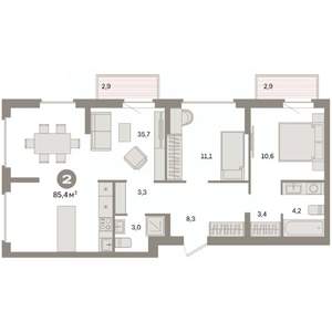 2-к квартира, вторичка, 85м2, 5/9 этаж