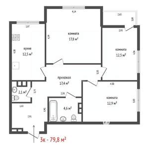 3-к квартира, вторичка, 80м2, 4/18 этаж