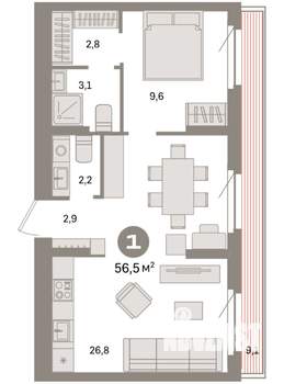 1-к квартира, вторичка, 57м2, 8/9 этаж