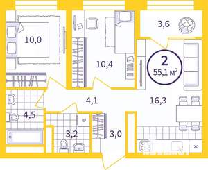 2-к квартира, вторичка, 53м2, 16/24 этаж