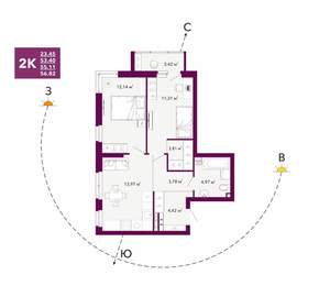 2-к квартира, строящийся дом, 55м2, 4/20 этаж