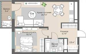 1-к квартира, строящийся дом, 55м2, 10/28 этаж