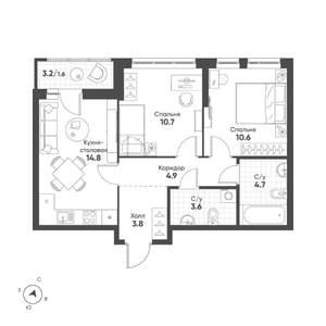 2-к квартира, строящийся дом, 55м2, 8/15 этаж