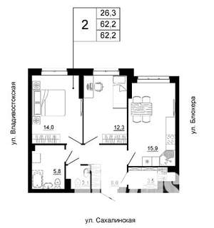 2-к квартира, строящийся дом, 62м2, 1/24 этаж