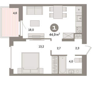 1-к квартира, вторичка, 45м2, 13/16 этаж