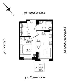 1-к квартира, строящийся дом, 36м2, 21/25 этаж