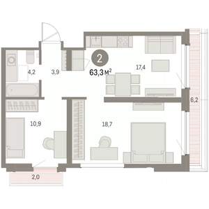 2-к квартира, вторичка, 63м2, 7/8 этаж