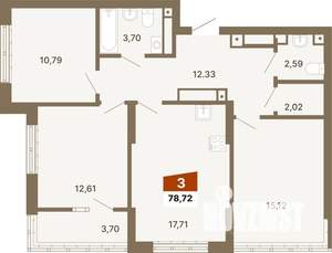 3-к квартира, строящийся дом, 79м2, 20/23 этаж