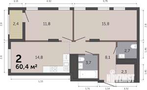2-к квартира, вторичка, 60м2, 17/19 этаж