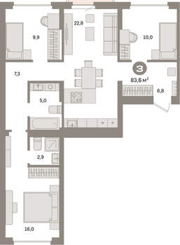 3-к квартира, вторичка, 84м2, 6/9 этаж