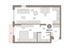 1-к квартира, вторичка, 56м2, 7/16 этаж