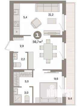 1-к квартира, вторичка, 57м2, 8/9 этаж