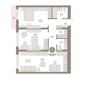 2-к квартира, вторичка, 76м2, 8/16 этаж