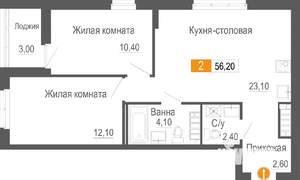 2-к квартира, строящийся дом, 56м2, 12/26 этаж