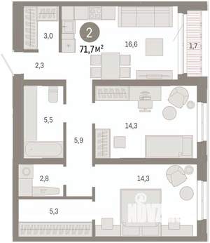 2-к квартира, вторичка, 72м2, 2/17 этаж