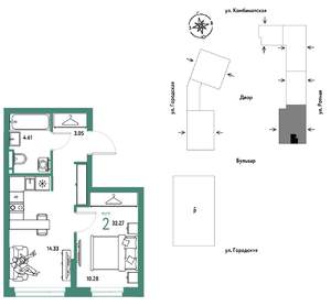 2-к квартира, строящийся дом, 32м2, 24/24 этаж