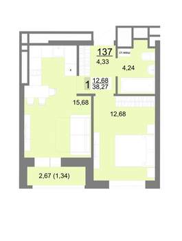 1-к квартира, вторичка, 38м2, 16/22 этаж