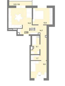 2-к квартира, вторичка, 61м2, 4/18 этаж