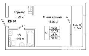 1-к квартира, строящийся дом, 32м2, 11/25 этаж