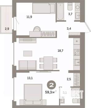 2-к квартира, вторичка, 59м2, 5/9 этаж