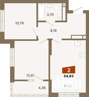 2-к квартира, строящийся дом, 55м2, 12/23 этаж