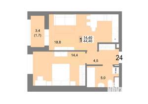 1-к квартира, вторичка, 44м2, 6/25 этаж