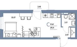 Студия квартира, строящийся дом, 32м2, 13/24 этаж