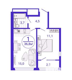 1-к квартира, строящийся дом, 36м2, 22/27 этаж