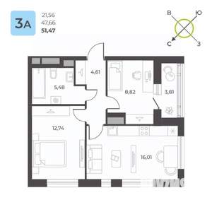 2-к квартира, вторичка, 51м2, 16/23 этаж