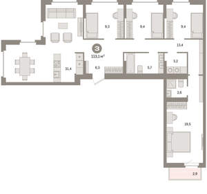 3-к квартира, вторичка, 113м2, 9/9 этаж