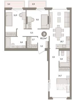 3-к квартира, вторичка, 85м2, 5/9 этаж