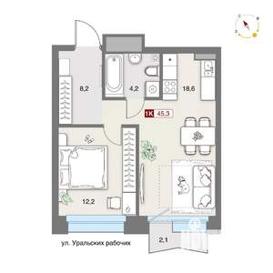 1-к квартира, вторичка, 45м2, 5/8 этаж