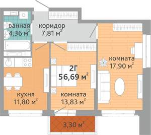 2-к квартира, строящийся дом, 57м2, 20/24 этаж