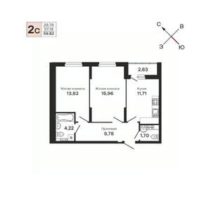 2-к квартира, строящийся дом, 60м2, 16/25 этаж