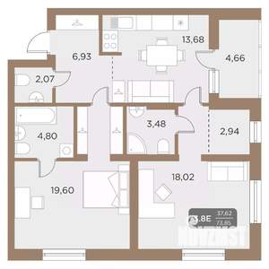 3-к квартира, вторичка, 74м2, 9/24 этаж