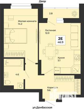 2-к квартира, строящийся дом, 47м2, 4/25 этаж