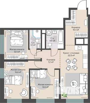 3-к квартира, строящийся дом, 87м2, 24/30 этаж