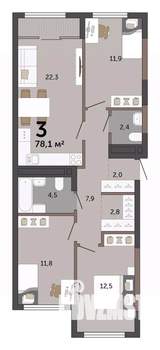 3-к квартира, строящийся дом, 78м2, 8/15 этаж