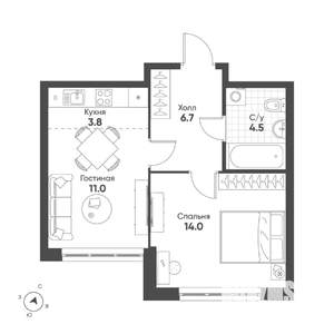 1-к квартира, строящийся дом, 40м2, 2/15 этаж
