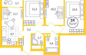 3-к квартира, вторичка, 71м2, 27/32 этаж