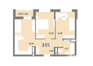 2-к квартира, строящийся дом, 55м2, 22/22 этаж