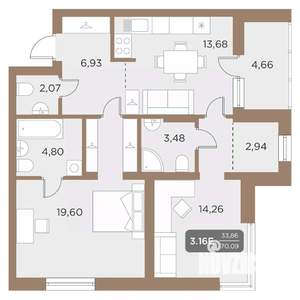 3-к квартира, вторичка, 70м2, 22/24 этаж