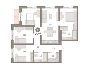 4-к квартира, вторичка, 95м2, 4/15 этаж