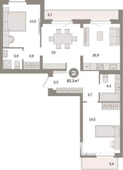 2-к квартира, вторичка, 82м2, 7/9 этаж