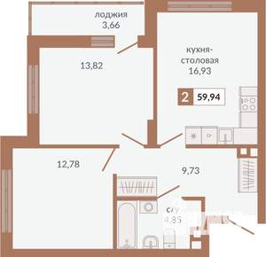 2-к квартира, строящийся дом, 60м2, 2/31 этаж