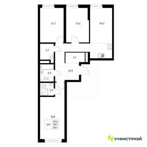 3-к квартира, вторичка, 89м2, 2/31 этаж